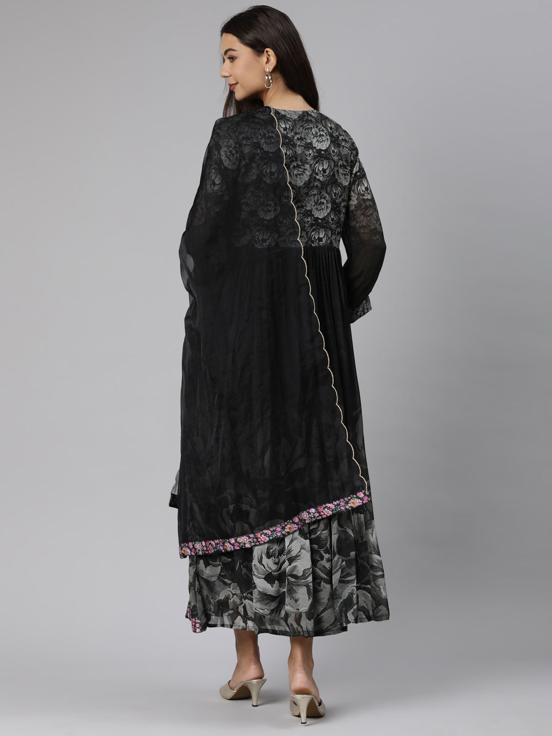 Neeru's Grey Regular Straight Floral Kurta And Trousers With Dupatta