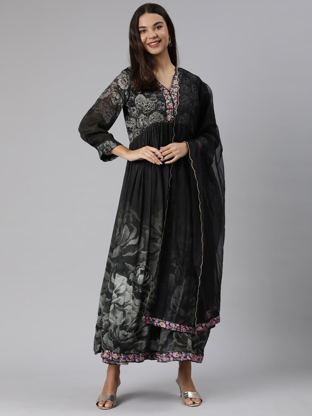 Neeru's Grey Regular Straight Floral Kurta And Trousers With Dupatta