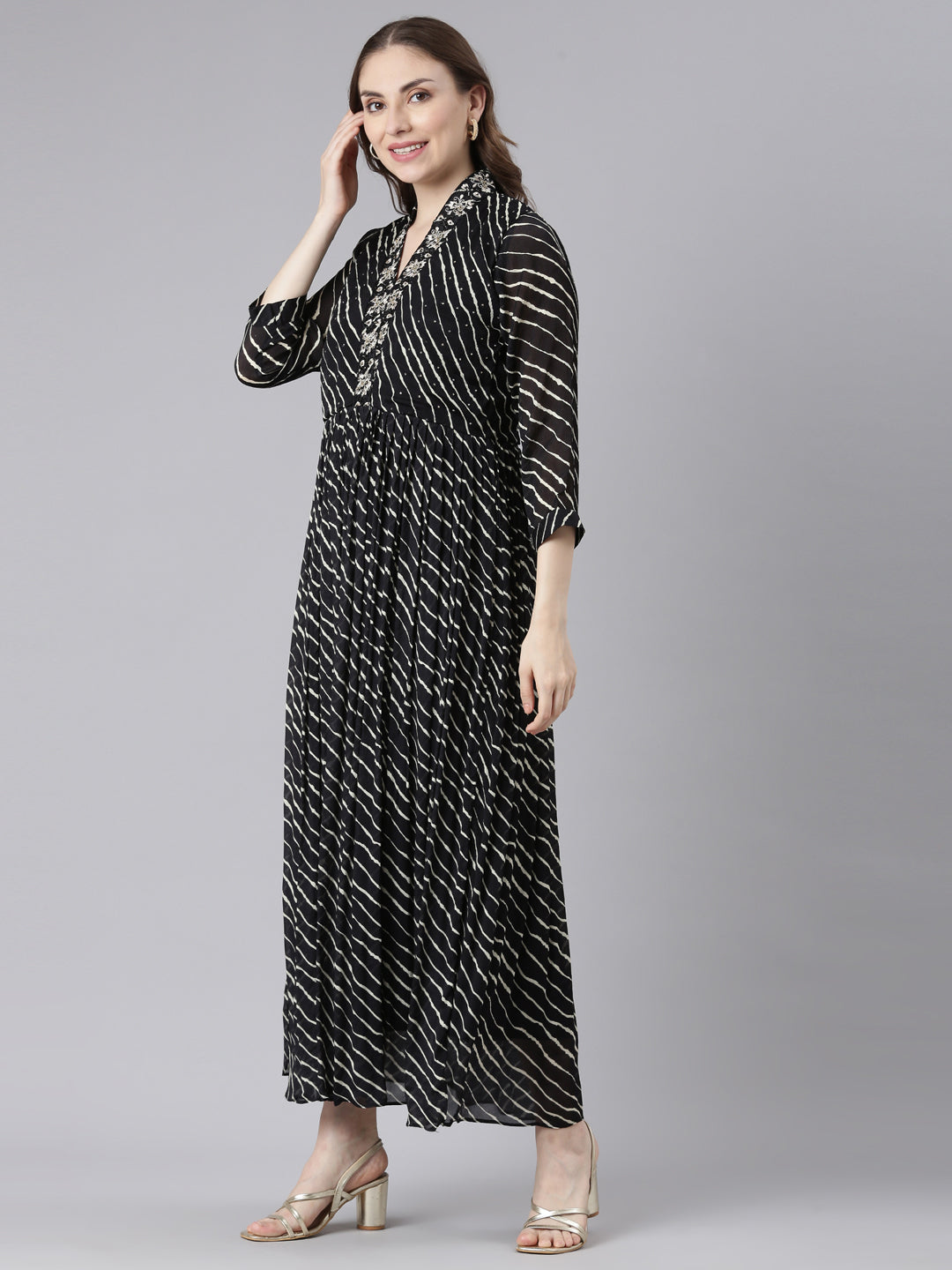 Neerus Black Cotton Straight Casual Ethnic Motifs Maxi Dresses