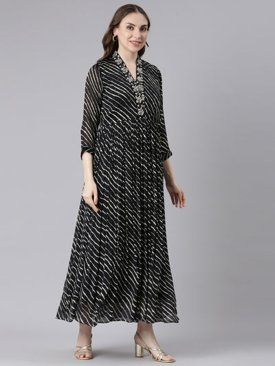 Neerus Black Cotton Straight Casual Ethnic Motifs Maxi Dresses