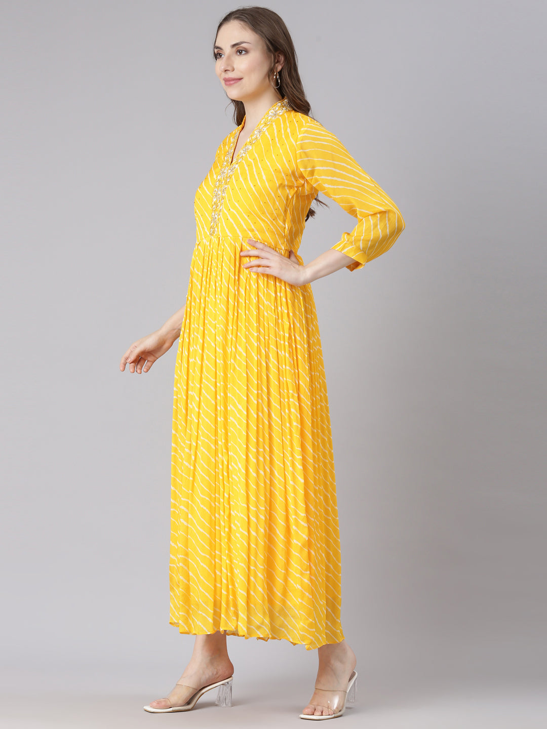 Neerus Yellow Cotton Straight Casual Ethnic Motifs Maxi Dresses