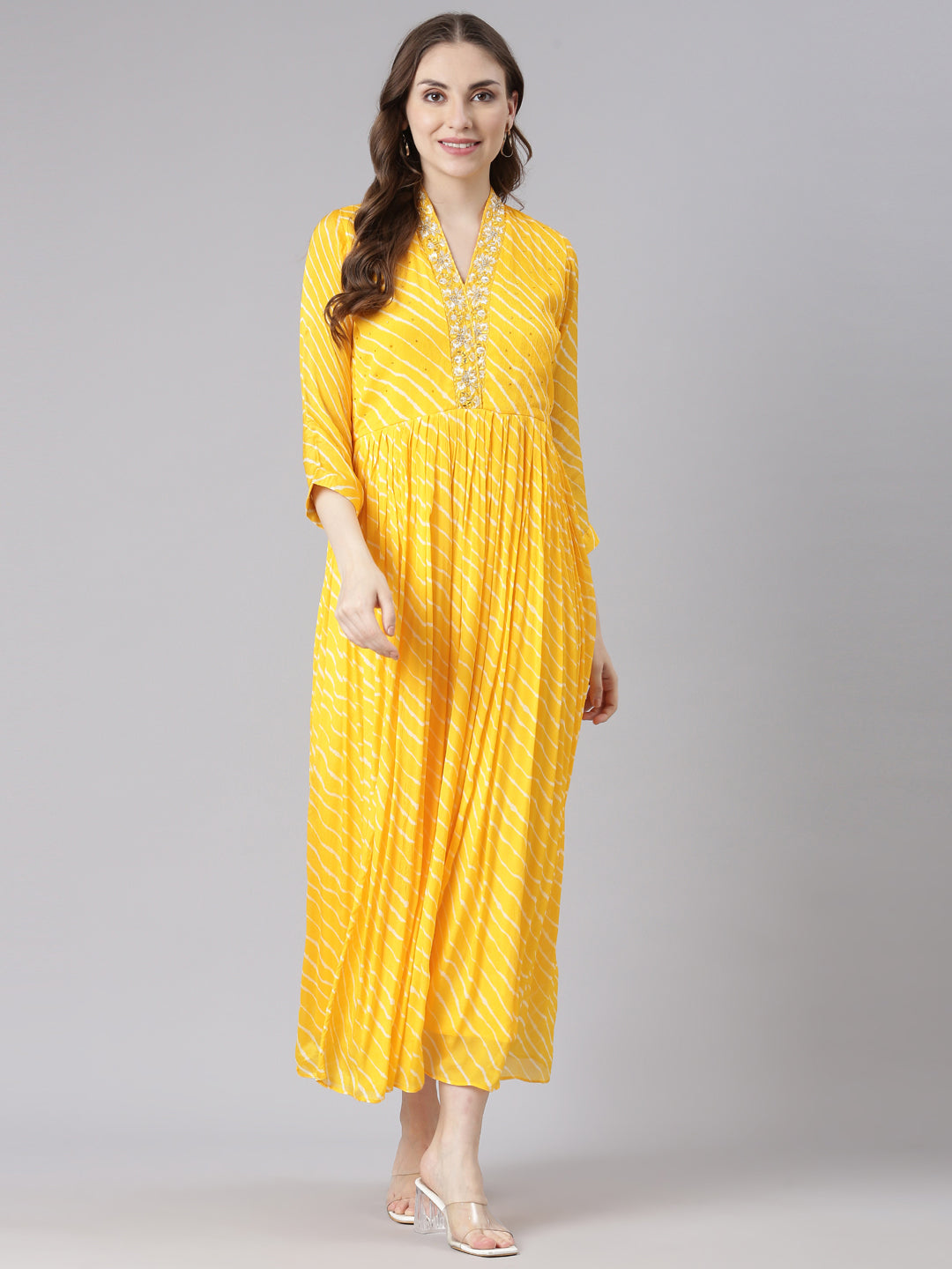 Neerus Yellow Cotton Straight Casual Ethnic Motifs Maxi Dresses