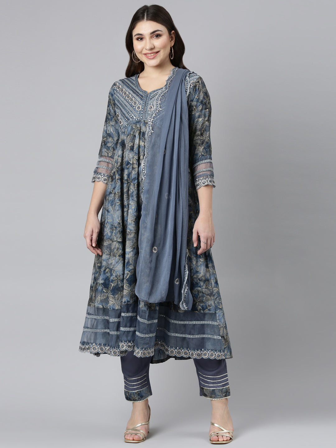 Neeru's Blue Regular Straight Printed Readymade suits