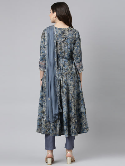 Neeru's Blue Regular Straight Printed Readymade suits