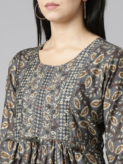 Neeru's Grey Regular Straight Printed Kurta And Trousers With Dupatta