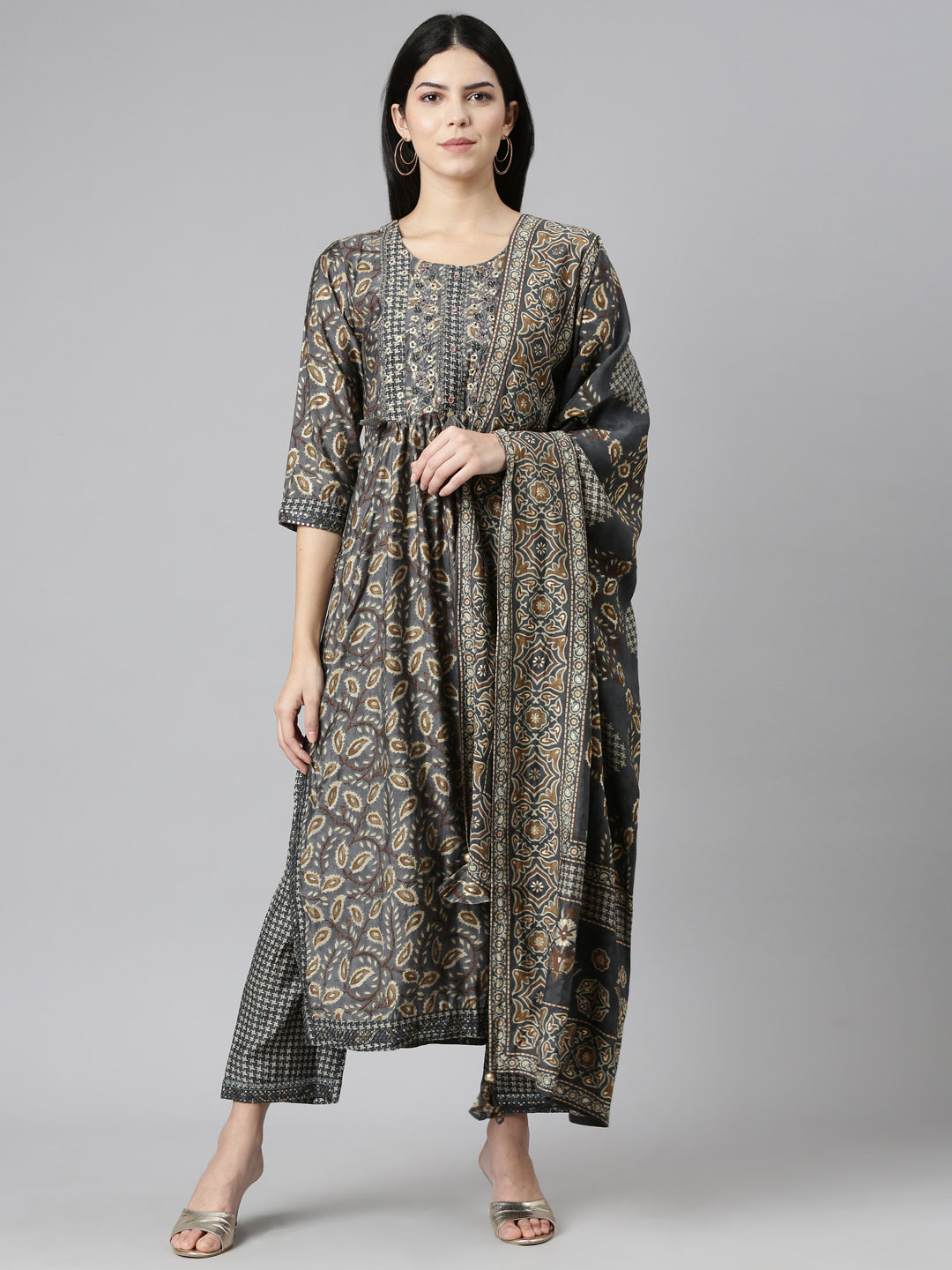 Neeru's Grey Regular Straight Printed Kurta And Trousers With Dupatta