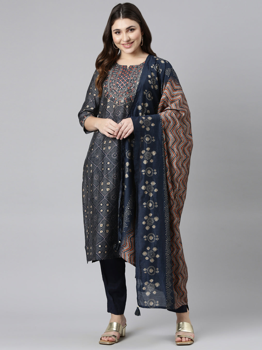 Neeru's Navy Blue Regular Straight Printed Kurta And Trousers With Dupatta