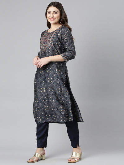 Neeru's Navy Blue Regular Straight Printed Kurta And Trousers With Dupatta