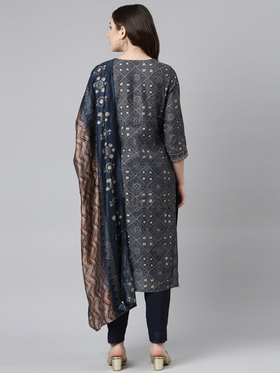 Neeru's Navy Blue Regular Straight Printed Kurta And Trousers With Dupatta