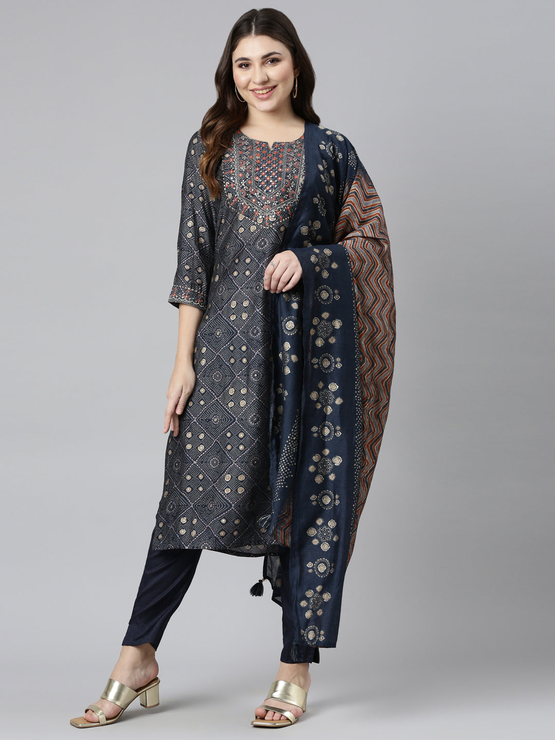 Neeru's Navy Blue Regular Straight Printed Kurta And Trousers With Dupatta