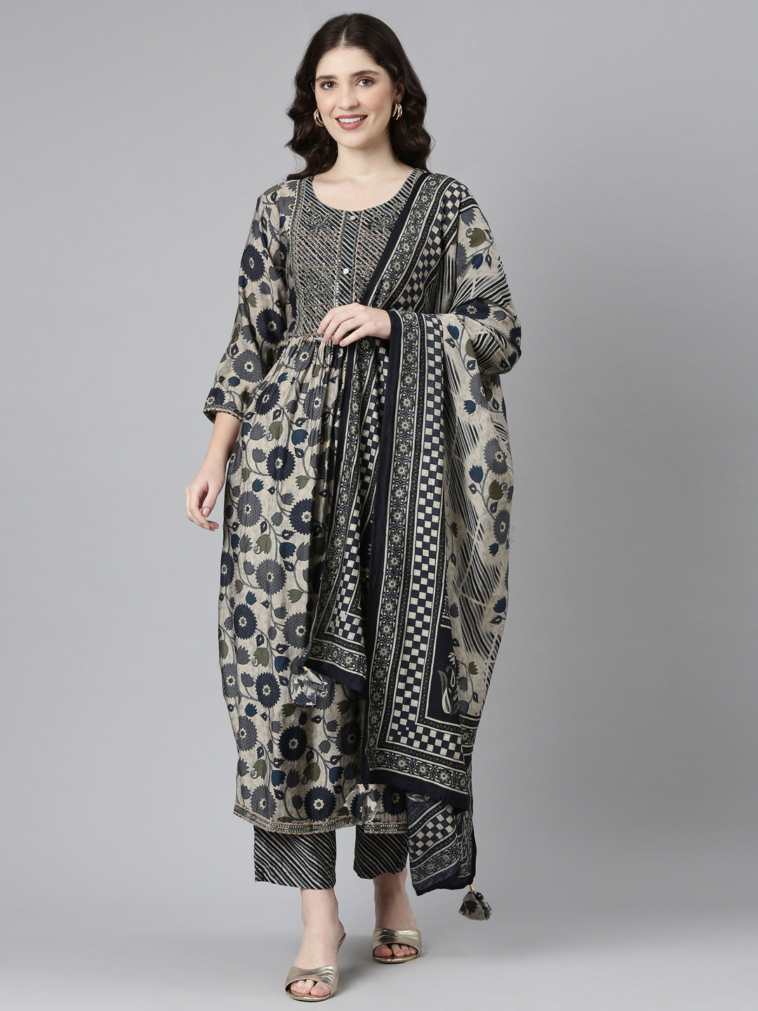 Neeru's Grey Pleated Straight Printed Kurta And Trousers With Dupatta