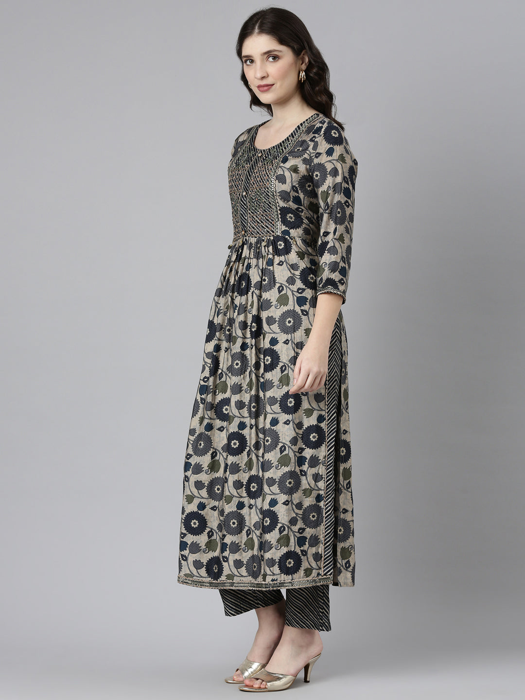 Neeru's Grey Pleated Straight Printed Kurta And Trousers With Dupatta