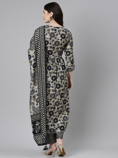 Neeru's Grey Pleated Straight Printed Kurta And Trousers With Dupatta