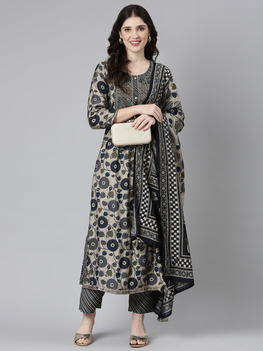 Neeru's Grey Pleated Straight Printed Kurta And Trousers With Dupatta