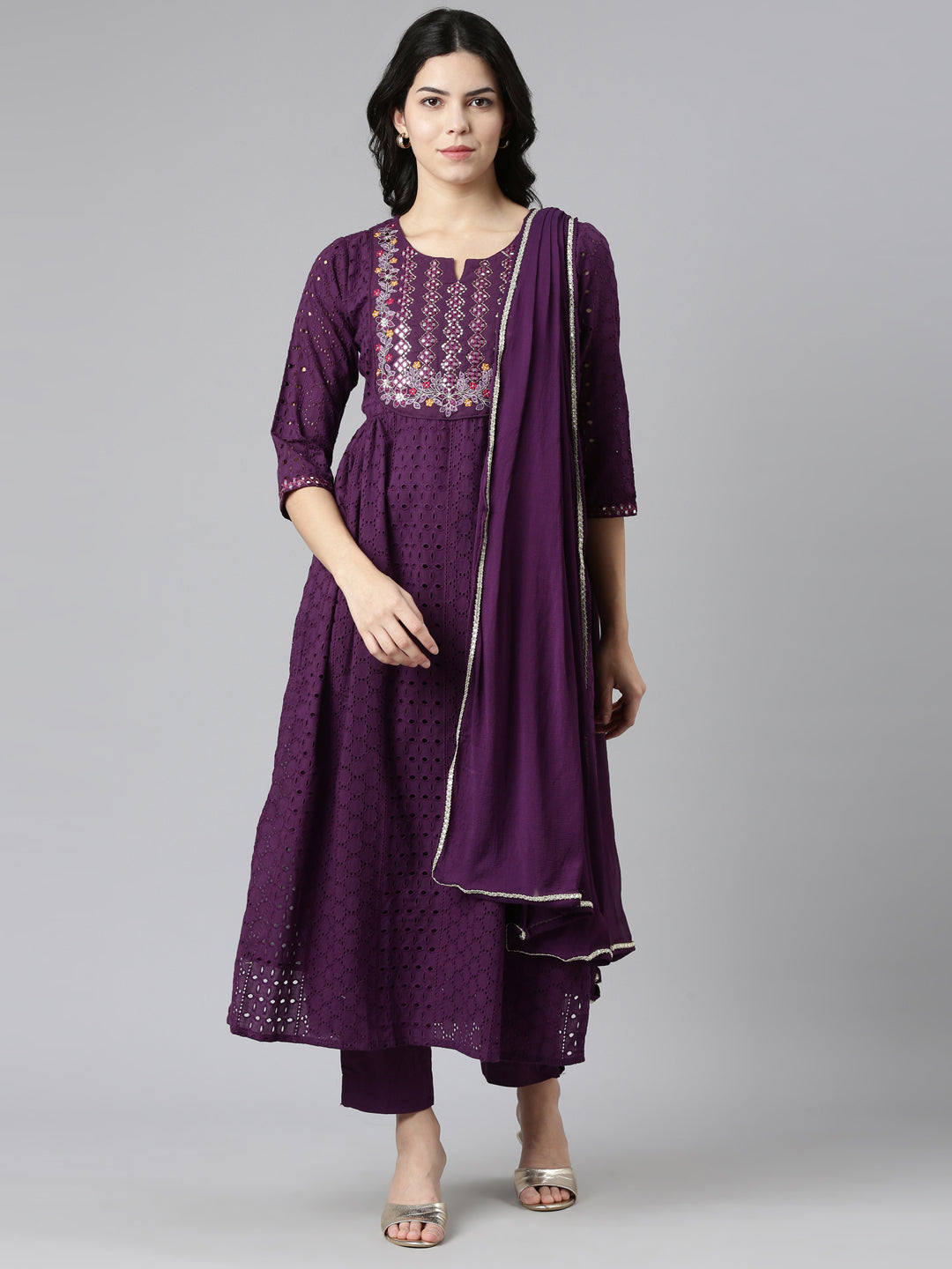 Neeru's Purple Pleated Straight Embroidered Kurta And Trousers With Dupatta