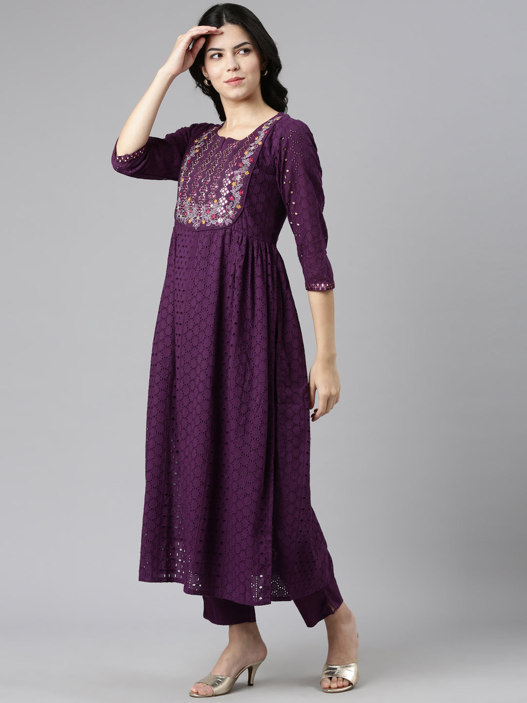 Neeru's Purple Pleated Straight Embroidered Kurta And Trousers With Dupatta