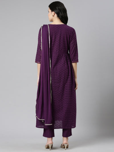 Neeru's Purple Pleated Straight Embroidered Kurta And Trousers With Dupatta