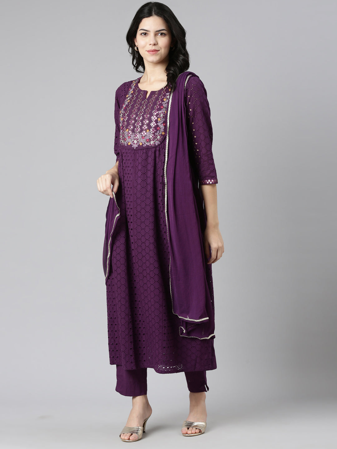 Neeru's Purple Pleated Straight Embroidered Kurta And Trousers With Dupatta