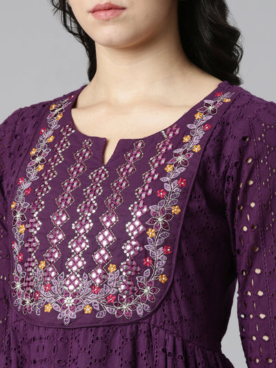 Neeru's Purple Pleated Straight Embroidered Kurta And Trousers With Dupatta