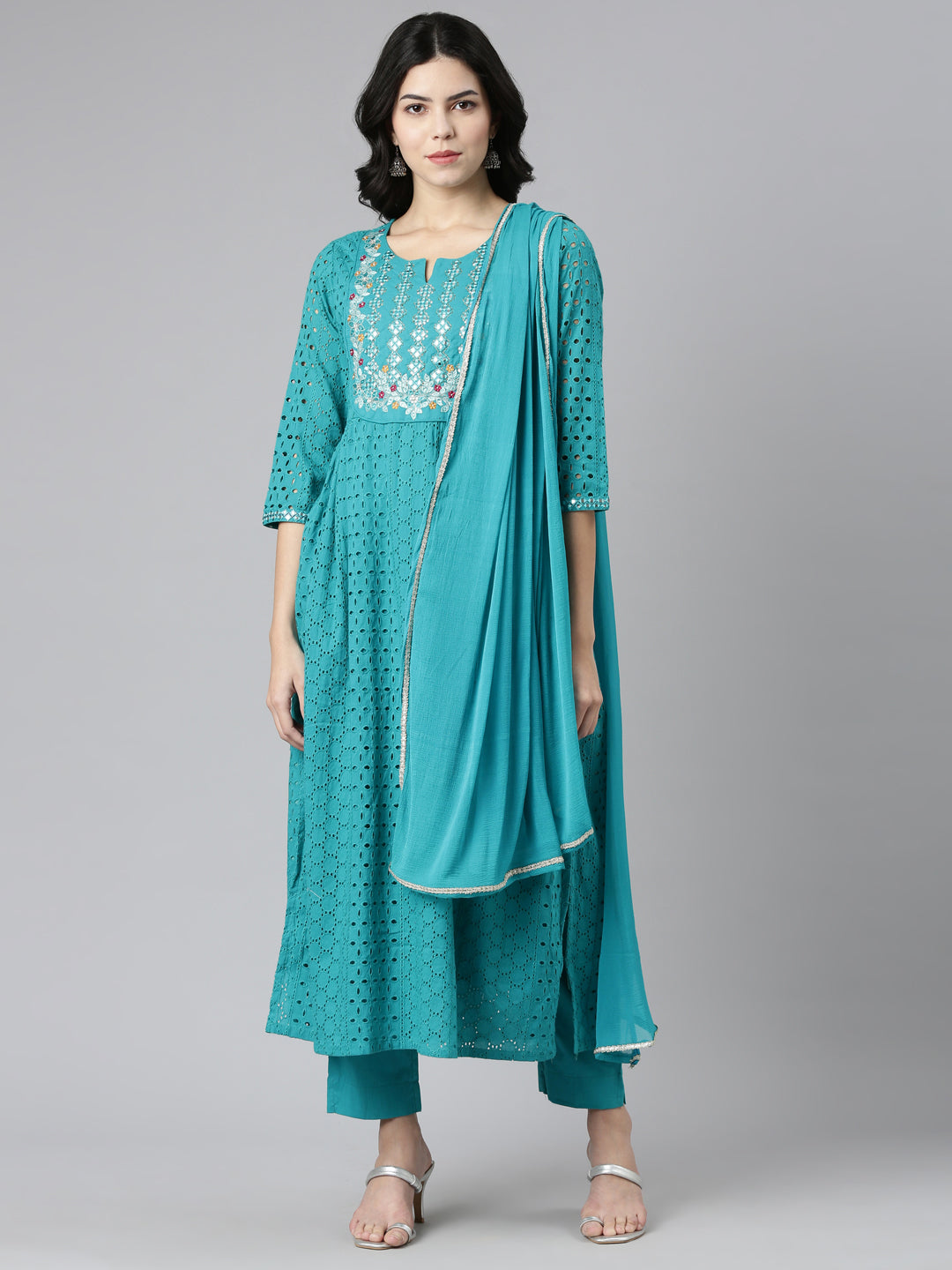 Neeru's Green Pleated Straight Embroidered Readymade suits