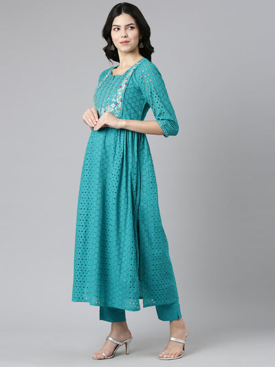 Neeru's Green Pleated Straight Embroidered Readymade suits