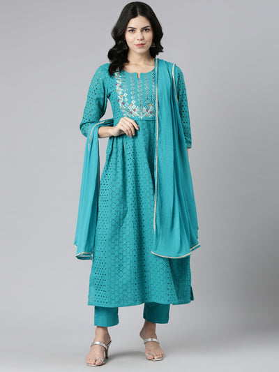 Neeru's Green Pleated Straight Embroidered Readymade suits