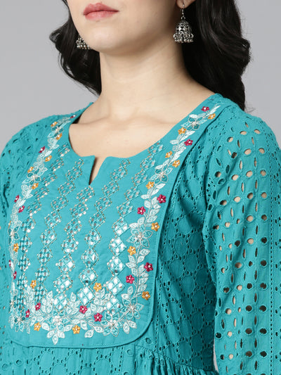 Neeru's Green Pleated Straight Embroidered Readymade suits