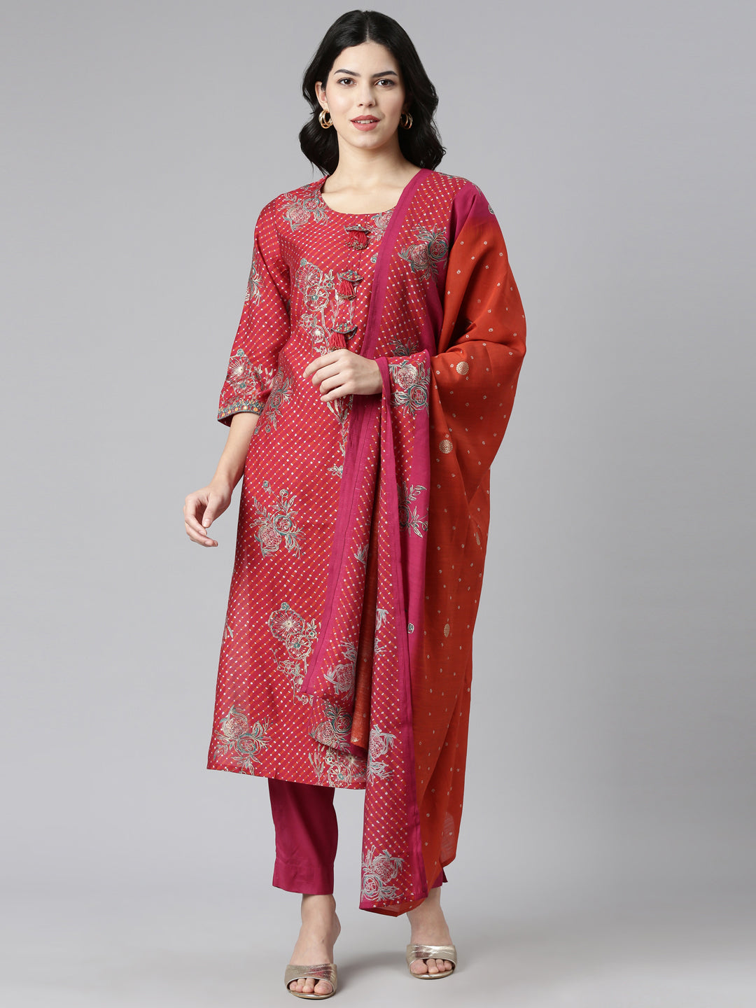 Neeru's Red Regular Straight Printed Kurta And Trousers With Dupatta