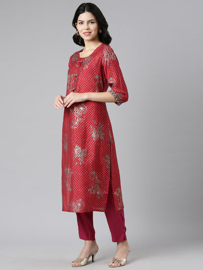 Neeru's Red Regular Straight Printed Kurta And Trousers With Dupatta