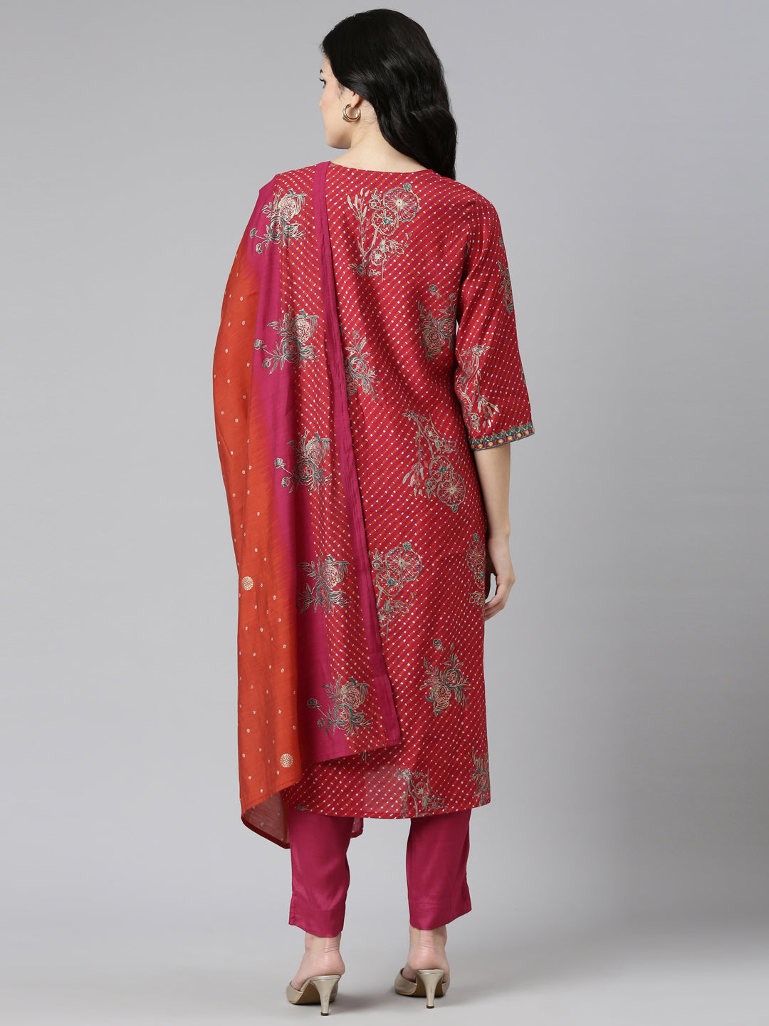 Neeru's Red Regular Straight Printed Kurta And Trousers With Dupatta