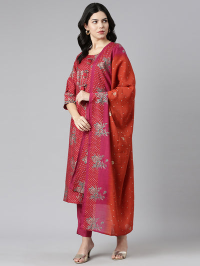 Neeru's Red Regular Straight Printed Kurta And Trousers With Dupatta