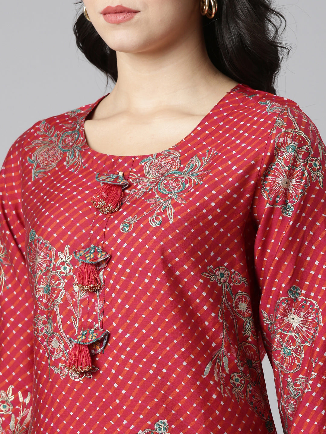 Neeru's Red Regular Straight Printed Kurta And Trousers With Dupatta