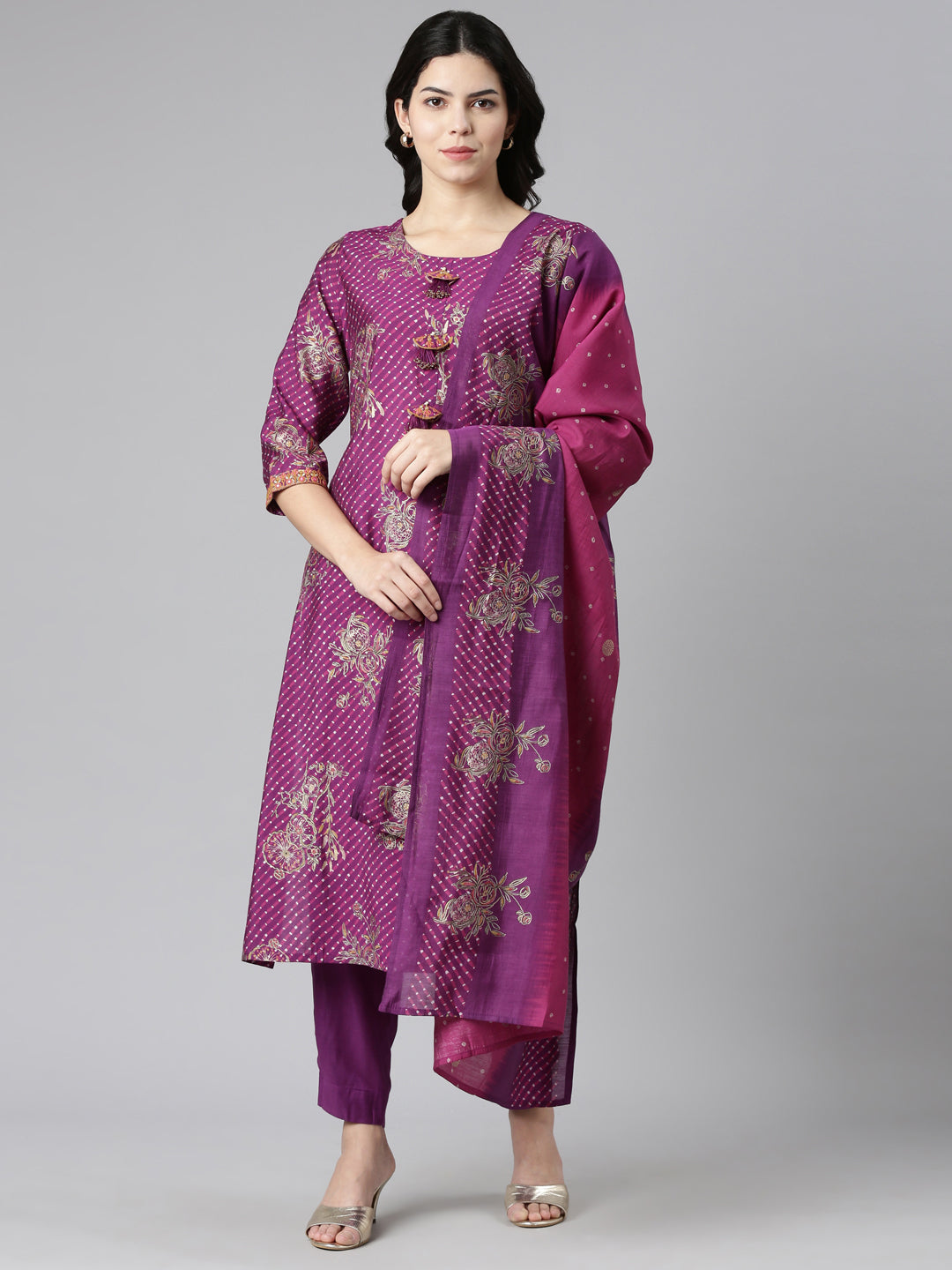 Neeru's Purple Regular Straight Printed Kurta And Trousers With Dupatta