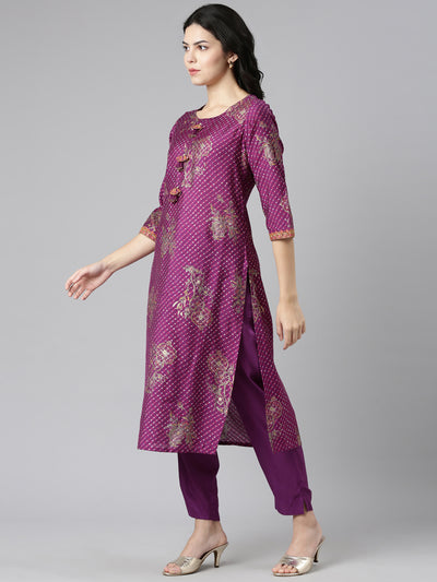 Neeru's Purple Regular Straight Printed Kurta And Trousers With Dupatta