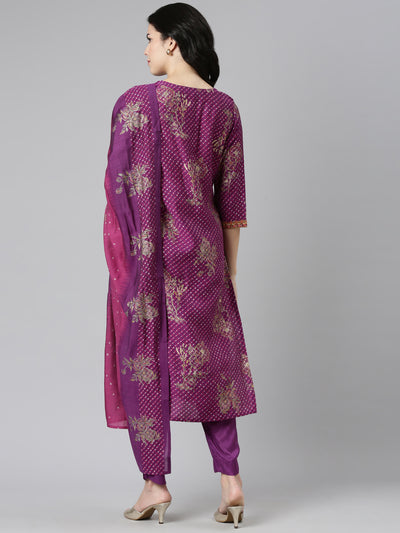 Neeru's Purple Regular Straight Printed Kurta And Trousers With Dupatta