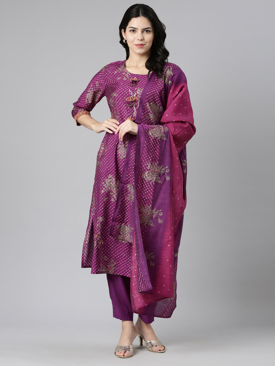 Neeru's Purple Regular Straight Printed Kurta And Trousers With Dupatta