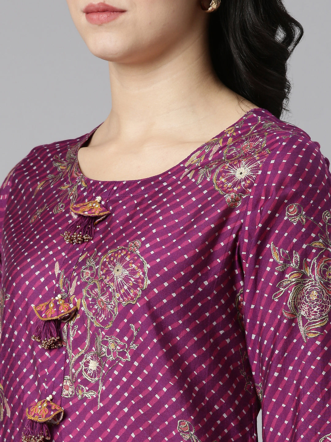 Neeru's Purple Regular Straight Printed Kurta And Trousers With Dupatta