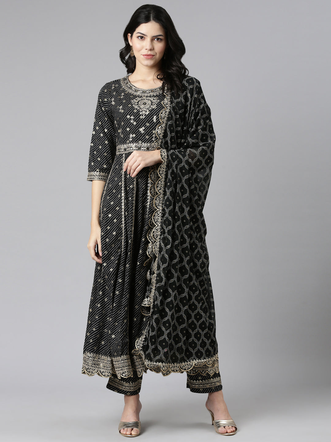 Neeru's Black Pleated Straight Embroidered Readymade Suits