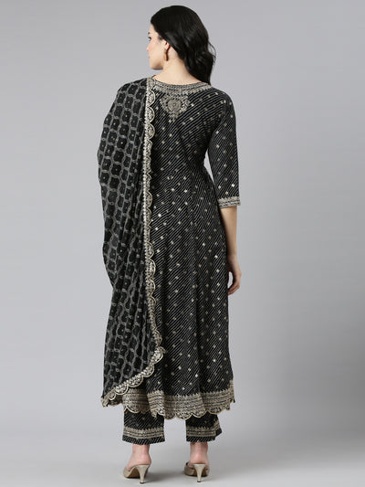 Neeru's Black Pleated Straight Embroidered Readymade Suits