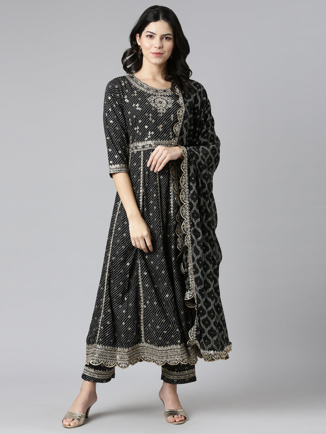 Neeru's Black Pleated Straight Embroidered Readymade Suits