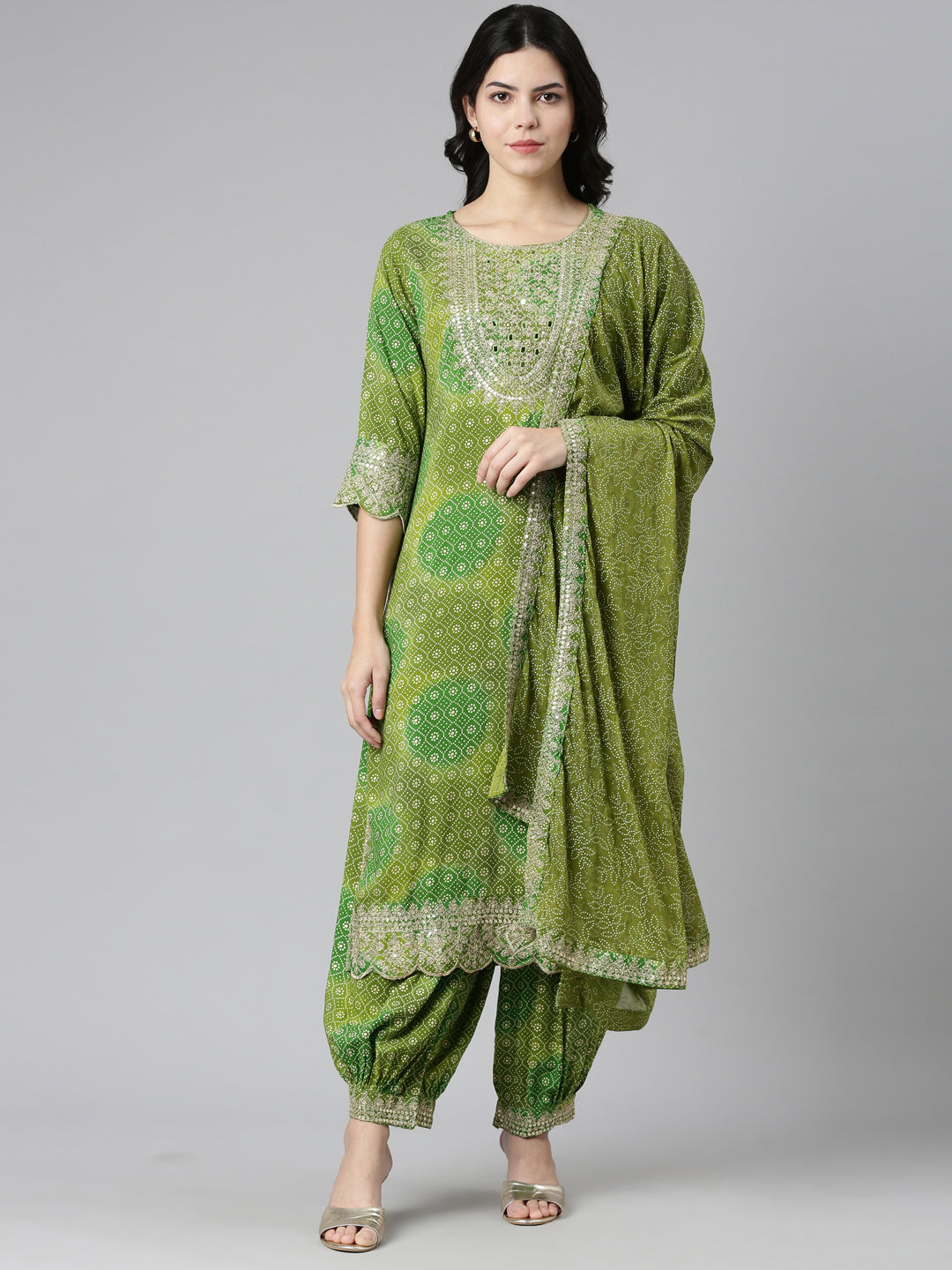 Neeru's Green Regular Straight Printed Kurta And Salwar With Dupatta