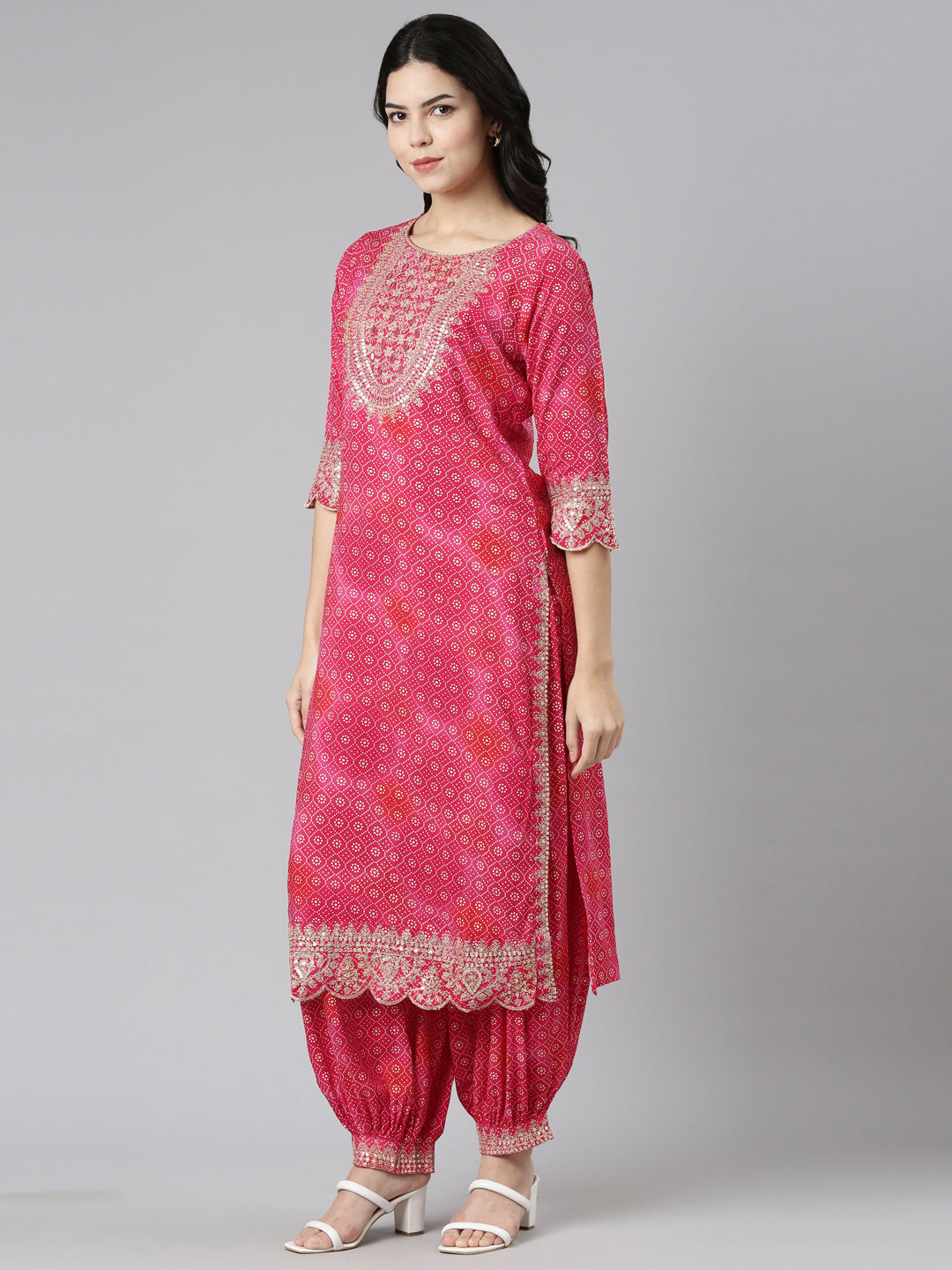 Neeru's Pink Regular Straight Printed Kurta And Salwar With Dupatta