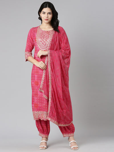 Neeru's Pink Regular Straight Printed Kurta And Salwar With Dupatta