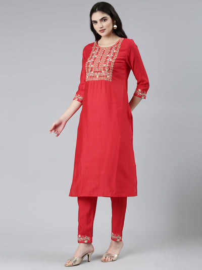 Neeru's Red Regular Straight Solid Kurta Sets And Trousers With Dupatta