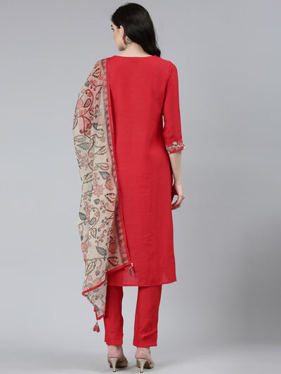 Neeru's Red Regular Straight Solid Kurta Sets And Trousers With Dupatta