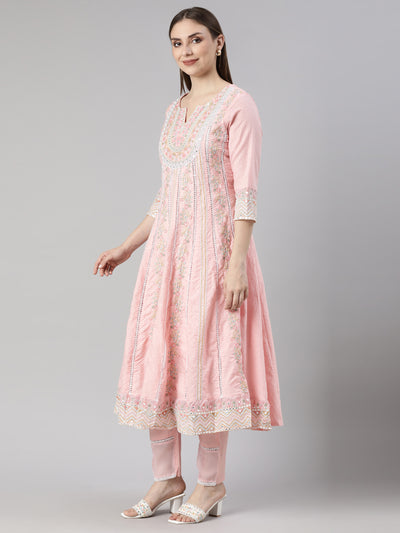 Neerus Pink Regular Flared Floral Kurta And  Trousers With Dupatta