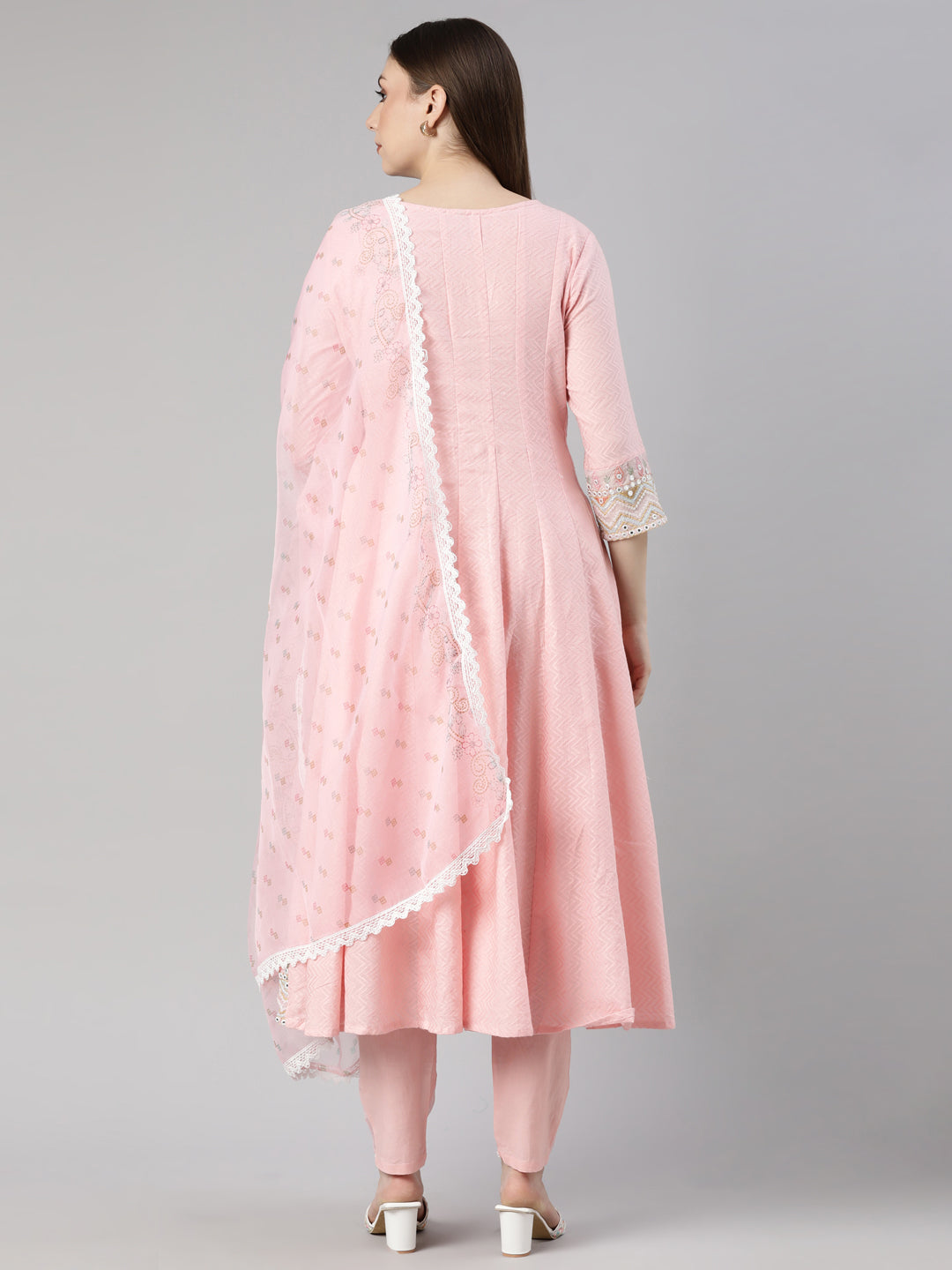 Neerus Pink Regular Flared Floral Kurta And  Trousers With Dupatta