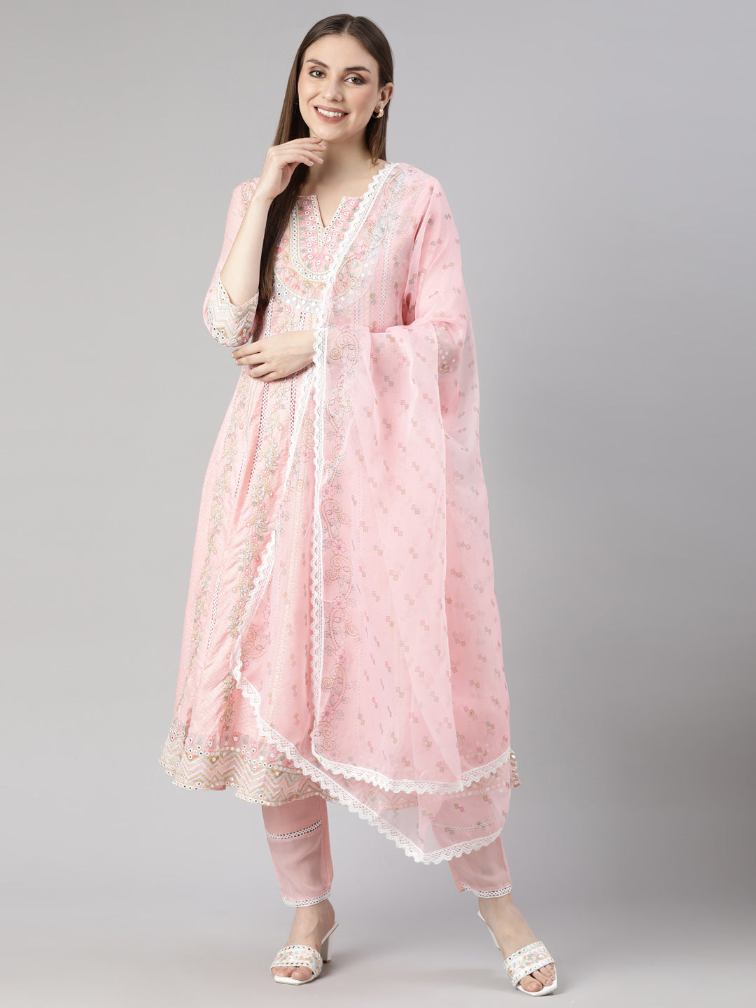 Neerus Pink Regular Flared Floral Kurta And  Trousers With Dupatta