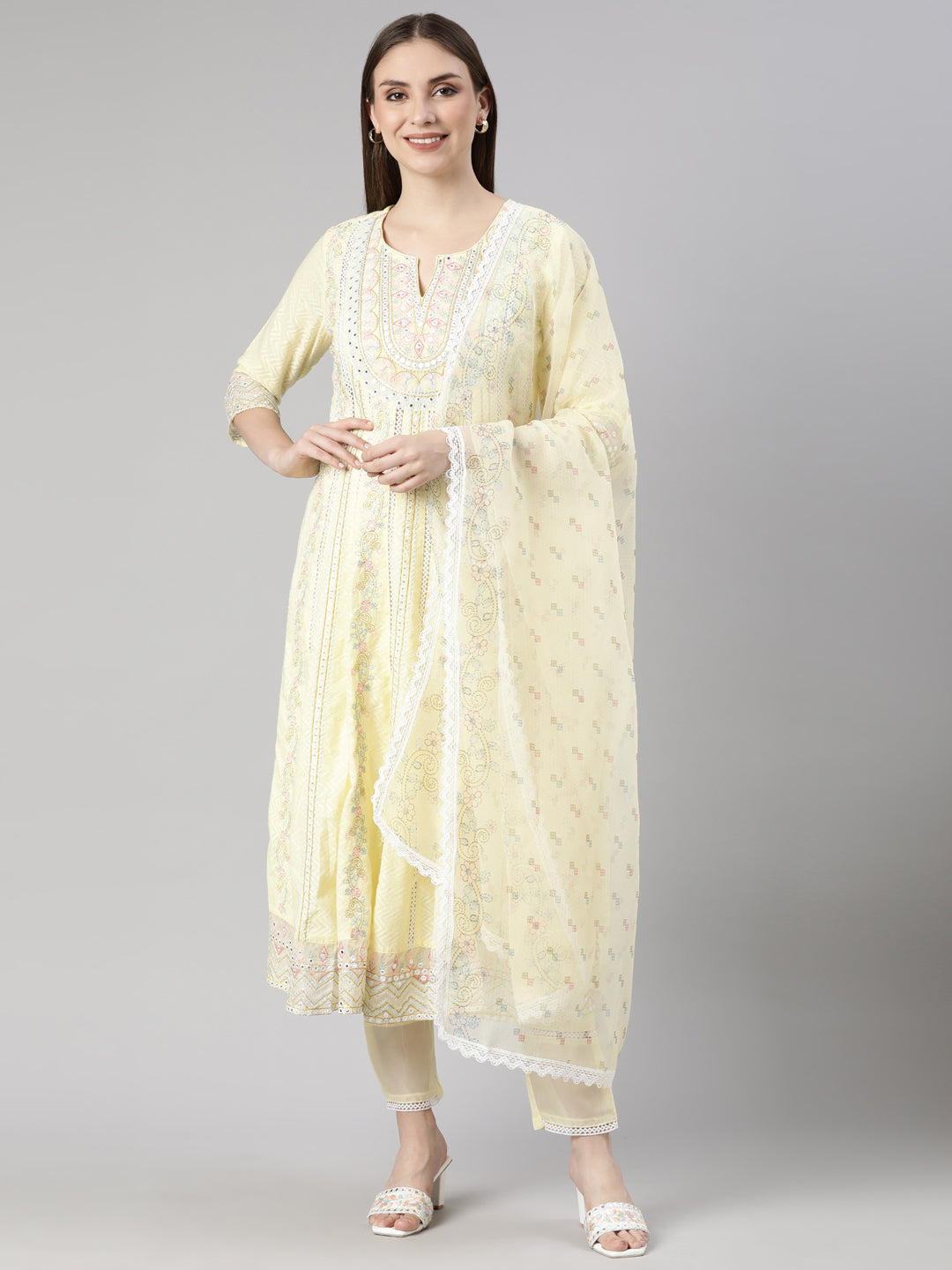 Neerus Yellow Regular Flared Floral Readymade suits