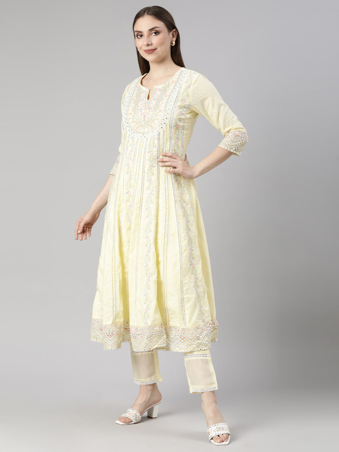 Neerus Yellow Regular Flared Floral Readymade suits